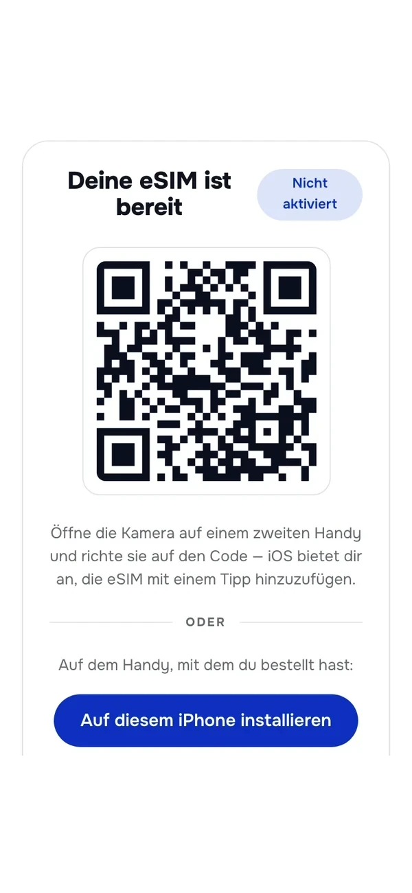 Die unoesim-Status-Seite mit dem QR-Code zur Installation