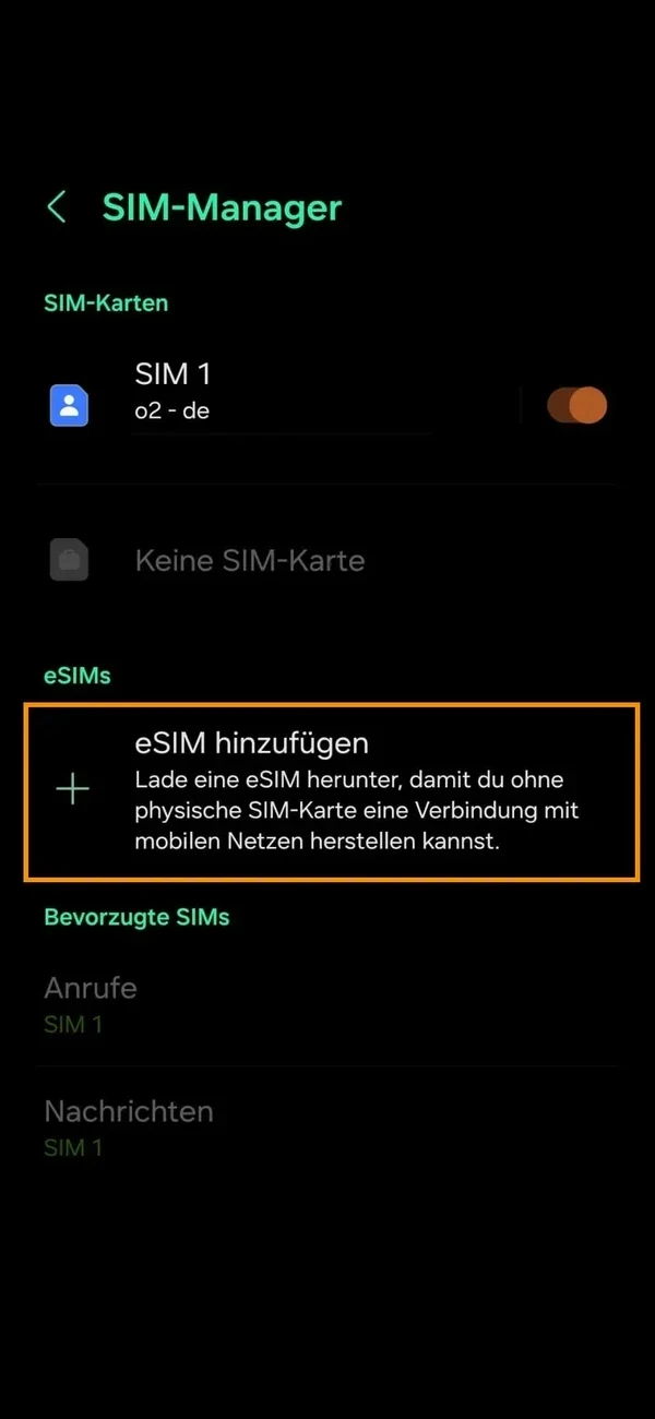 Android-Einstellungen: SIM-Manager mit „eSIM hinzufügen“