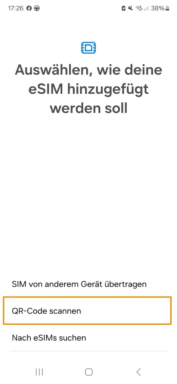 Android-Auswahl: „QR-Code scannen“ als Weg zum Hinzufügen der eSIM
