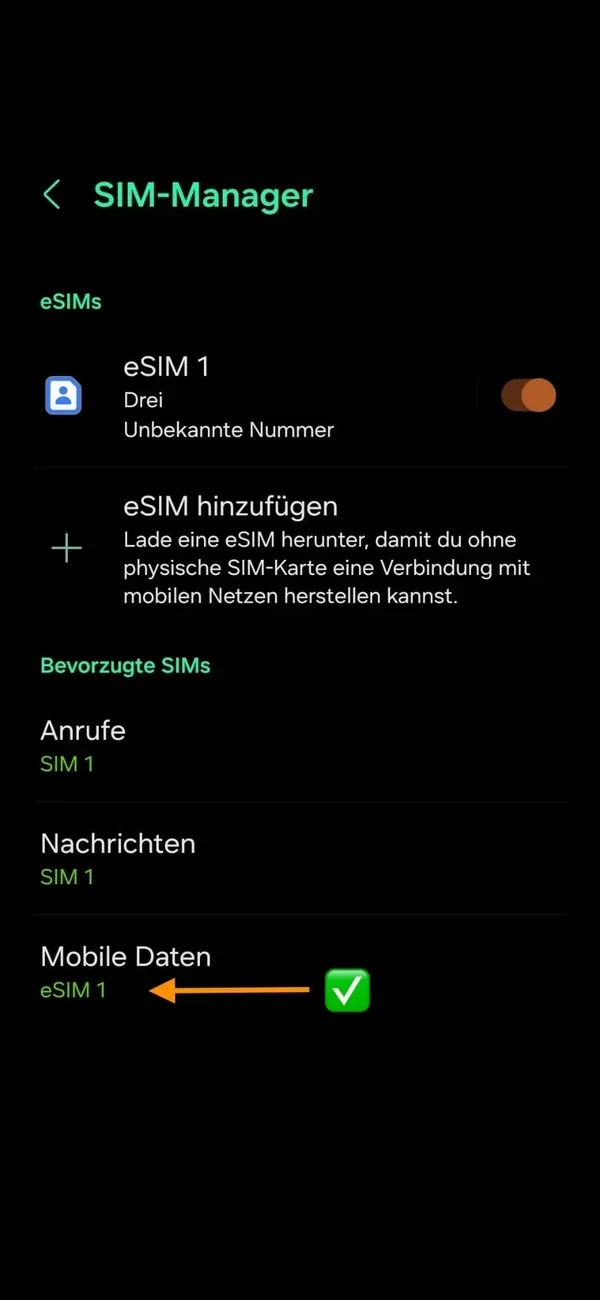 Android-SIM-Manager: mobile Daten auf die unoesim-eSIM umgestellt