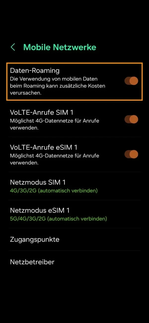 Android-Einstellungen: Daten-Roaming für die eSIM einschalten