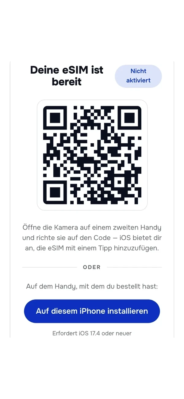 Die unoesim-Status-Seite mit dem Knopf „Auf diesem iPhone installieren“