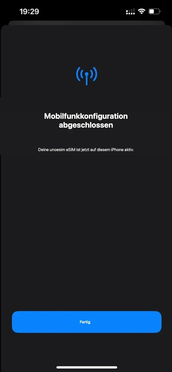 iOS meldet „Mobilfunkkonfiguration abgeschlossen“ mit dem Knopf „Fertig“