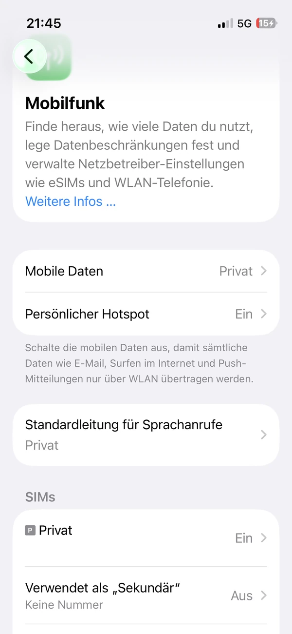 iOS-Einstellungen unter Mobilfunk: die neue Leitung „Sekundär“ in der SIM-Liste