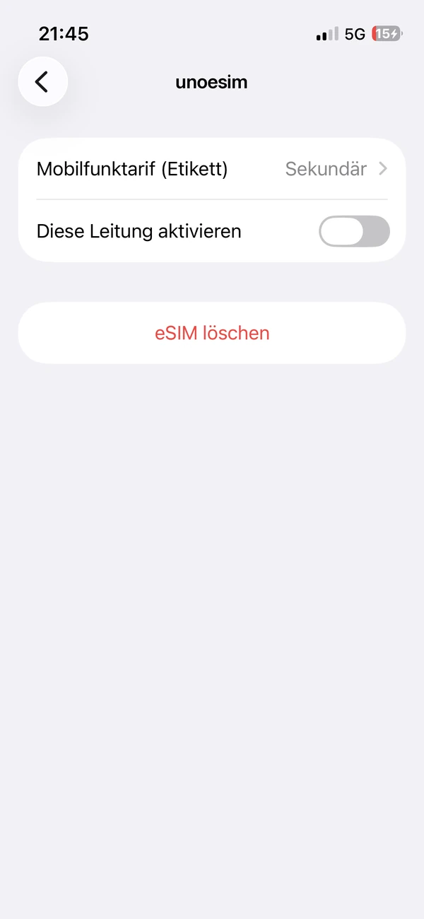 iOS-Leitungseinstellungen mit dem Schalter „Diese Leitung aktivieren“