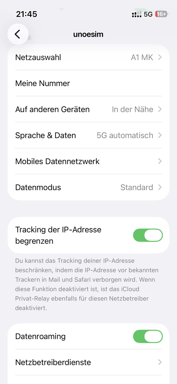 iOS-Leitungseinstellungen mit eingeschaltetem Datenroaming